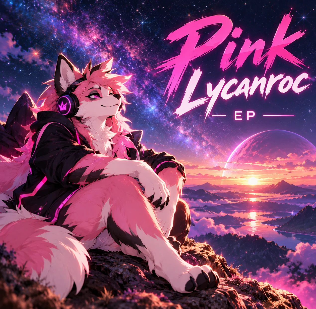 Pink Lycanroc EP artwork: pink character under a vibrant cosmic sunset
