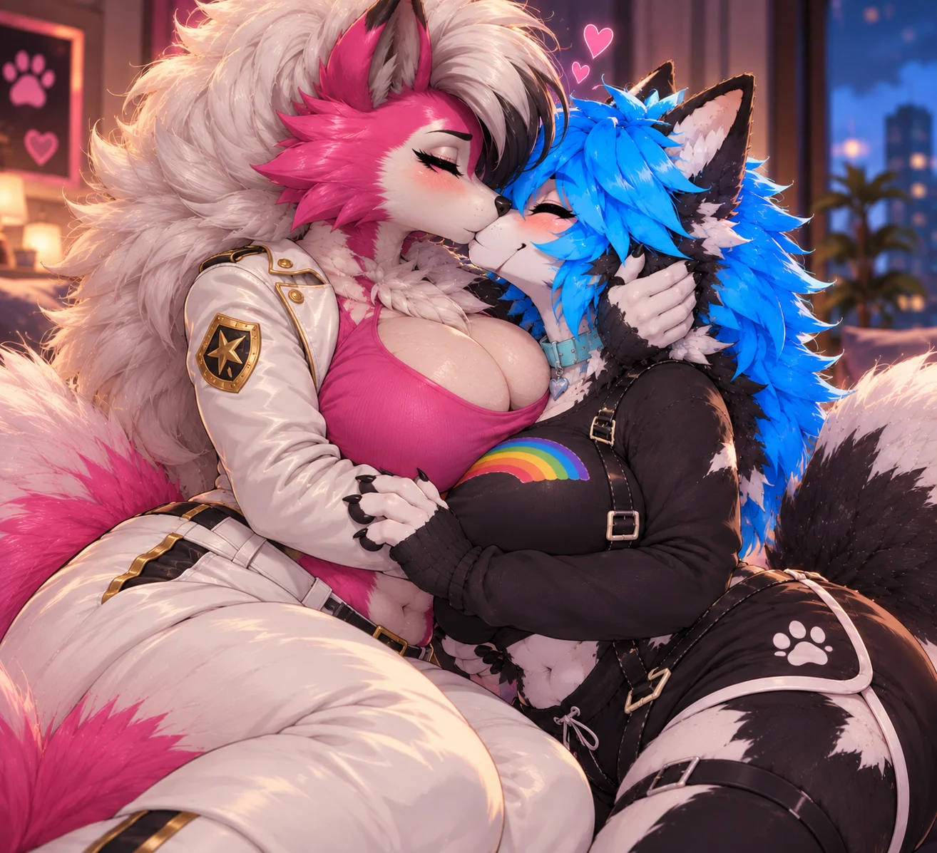 Pink Lycanroc and Summer enjoying a quiet affectionate moment on a glowing pink couch